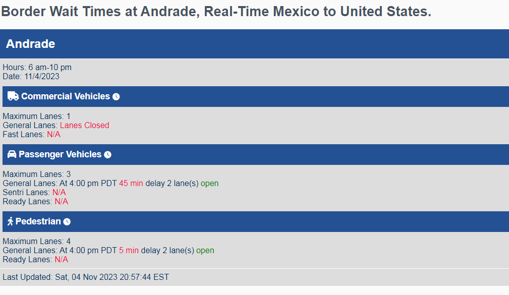 Andrade Border Wait Times Mexico To United States.